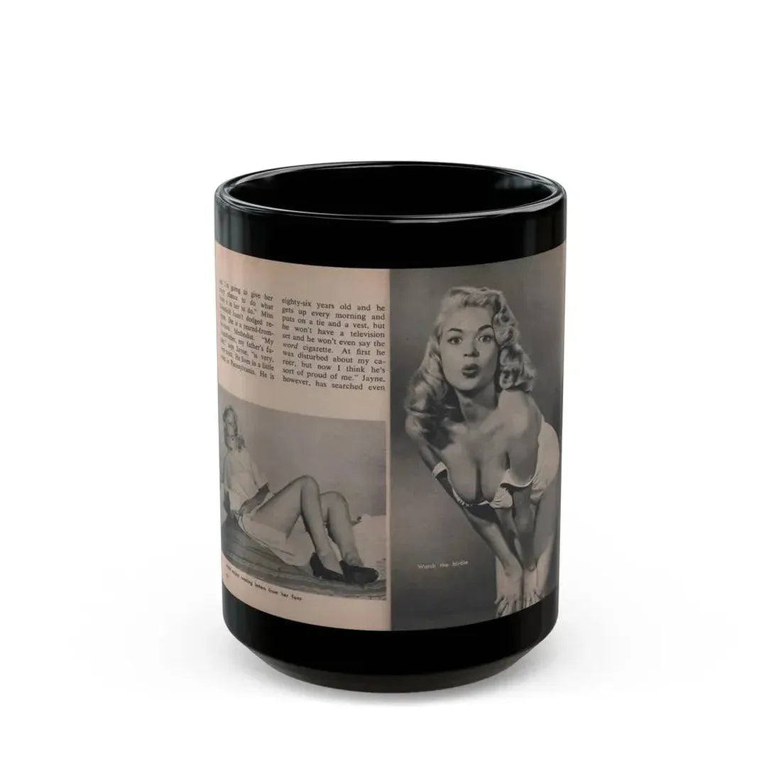 Jayne Mansfield #291 - JAYNE Pocket Magazine Pages 26 & 27 (Vintage Female Icon) Black Coffee Mug 15oz - Go Mug Yourself