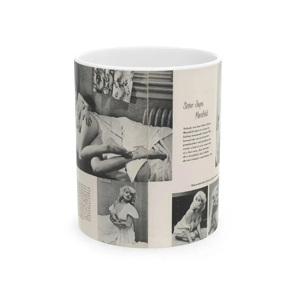 Jayne Mansfield #313 - Pages 1 & 2 of 4 with, 5 B&W Photos, Captions & Article from SCAMP Magazine May '57 (Vintage Female Icon) White Coffee Mug 11oz - Go Mug Yourself