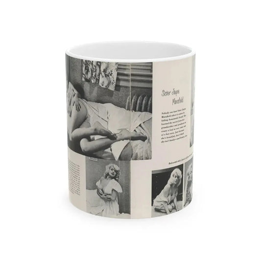 Jayne Mansfield #313 - Pages 1 & 2 of 4 with, 5 B&W Photos, Captions & Article from SCAMP Magazine May '57 (Vintage Female Icon) White Coffee Mug 11oz - Go Mug Yourself