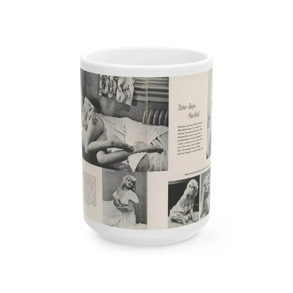 Jayne Mansfield #313 - Pages 1 & 2 of 4 with, 5 B&W Photos, Captions & Article from SCAMP Magazine May '57 (Vintage Female Icon) White Coffee Mug 15oz - Go Mug Yourself