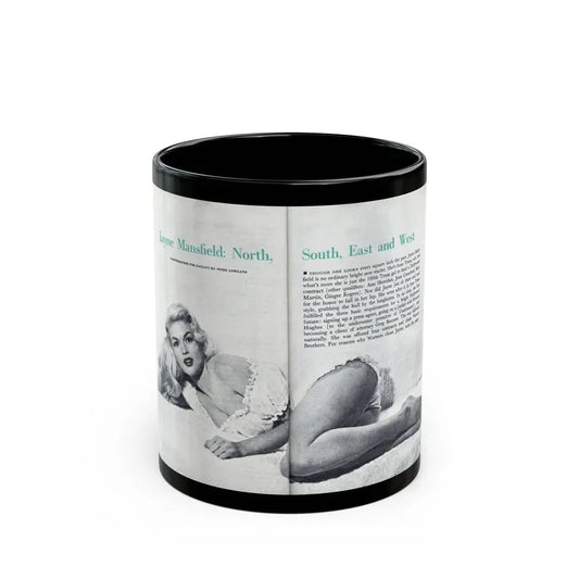 Jayne Mansfield #316 - Pages 40 & 41 Pages 1 & 2 of 6 featuring, Jayne+1 B&W Centerfold & Article from Pageant Digest Mag. June '55 (Vintage Female Icon) Black Coffee Mug 11oz - Go Mug Yourself