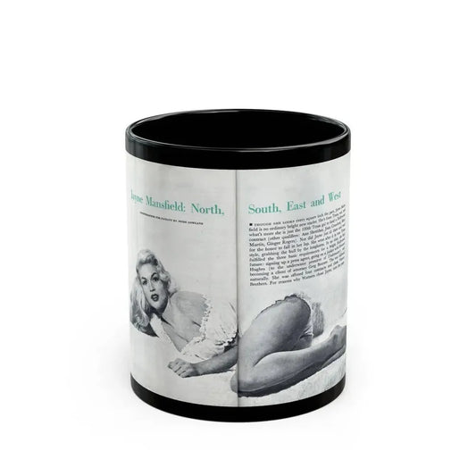 Jayne Mansfield #316 - Pages 40 & 41 Pages 1 & 2 of 6 featuring, Jayne+1 B&W Centerfold & Article from Pageant Digest Mag. June '55 (Vintage Female Icon) Black Coffee Mug 11oz - Go Mug Yourself