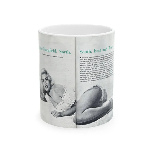 Jayne Mansfield #316 - Pages 40 & 41 Pages 1 & 2 of 6 featuring, Jayne+1 B&W Centerfold & Article from Pageant Digest Mag. June '55 (Vintage Female Icon) White Coffee Mug 11oz - Go Mug Yourself