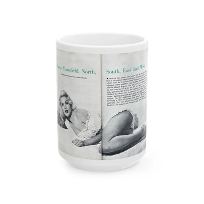 Jayne Mansfield #316 - Pages 40 & 41 Pages 1 & 2 of 6 featuring, Jayne+1 B&W Centerfold & Article from Pageant Digest Mag. June '55 (Vintage Female Icon) White Coffee Mug 15oz - Go Mug Yourself