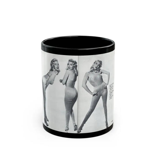 Jayne Mansfield #317 - Pages 42 & 43 Pages 3 & 4 of 6 featuring, Jayne+3 B&W Photos & Caption from Pageant Digest Mag. June '55 (Vintage Female Icon) Black Coffee Mug 11oz - Go Mug Yourself