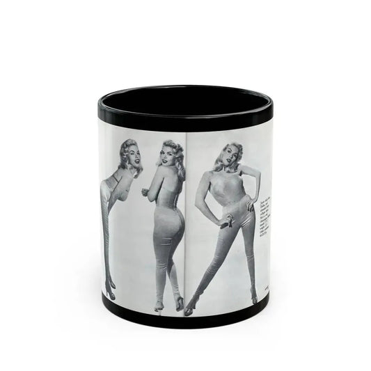 Jayne Mansfield #317 - Pages 42 & 43 Pages 3 & 4 of 6 featuring, Jayne+3 B&W Photos & Caption from Pageant Digest Mag. June '55 (Vintage Female Icon) Black Coffee Mug 11oz - Go Mug Yourself