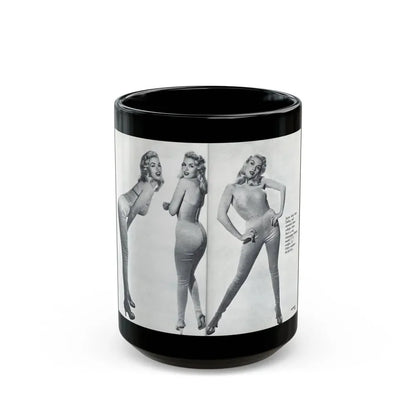 Jayne Mansfield #317 - Pages 42 & 43 Pages 3 & 4 of 6 featuring, Jayne+3 B&W Photos & Caption from Pageant Digest Mag. June '55 (Vintage Female Icon) Black Coffee Mug 15oz - Go Mug Yourself