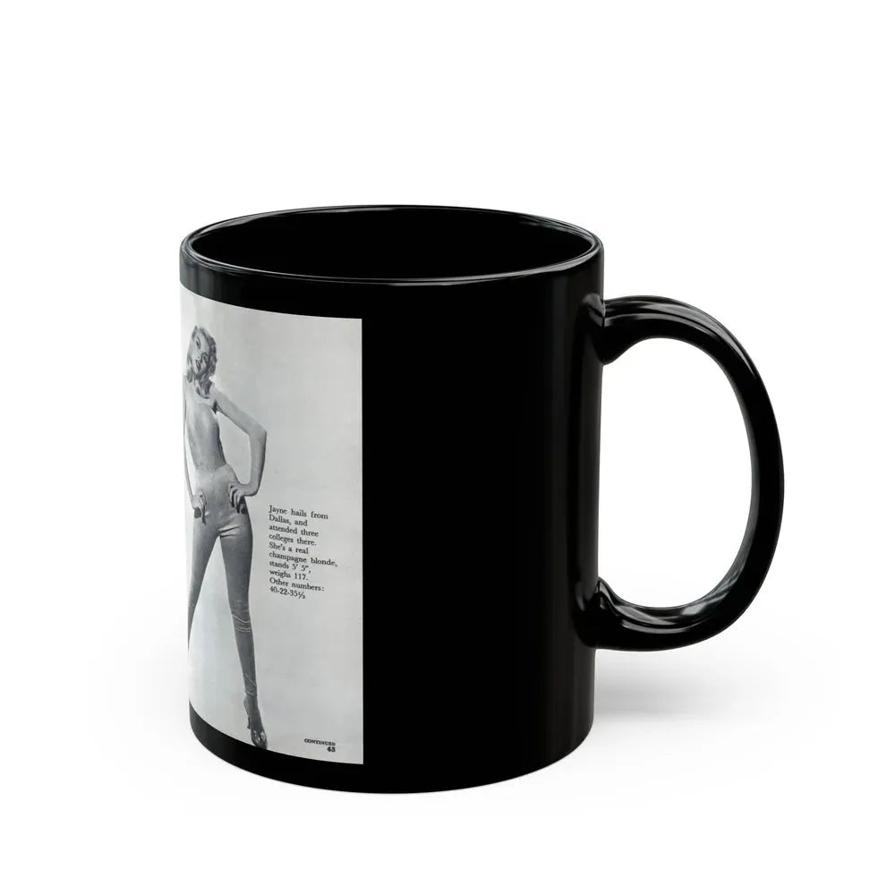 Jayne Mansfield #317 - Pages 42 & 43 Pages 3 & 4 of 6 featuring, Jayne+3 B&W Photos & Caption from Pageant Digest Mag. June '55 (Vintage Female Icon) Black Coffee Mug - Go Mug Yourself