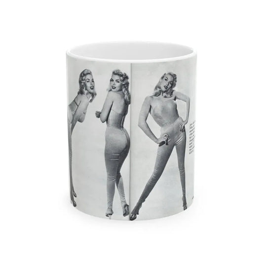 Jayne Mansfield #317 - Pages 42 & 43 Pages 3 & 4 of 6 featuring, Jayne+3 B&W Photos & Caption from Pageant Digest Mag. June '55 (Vintage Female Icon) White Coffee Mug 11oz - Go Mug Yourself
