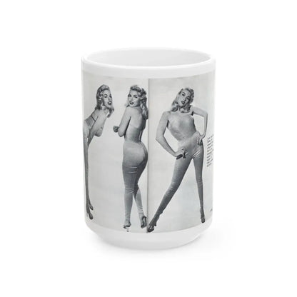 Jayne Mansfield #317 - Pages 42 & 43 Pages 3 & 4 of 6 featuring, Jayne+3 B&W Photos & Caption from Pageant Digest Mag. June '55 (Vintage Female Icon) White Coffee Mug 15oz - Go Mug Yourself