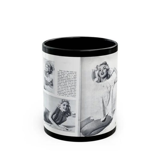 Jayne Mansfield #318 - Pages 43 & 44 Pages 5 & 6 of 6 featuring, Jayne+3 B&W Photos & Caption from Pageant Digest Mag. June '55 (Vintage Female Icon) Black Coffee Mug 11oz - Go Mug Yourself