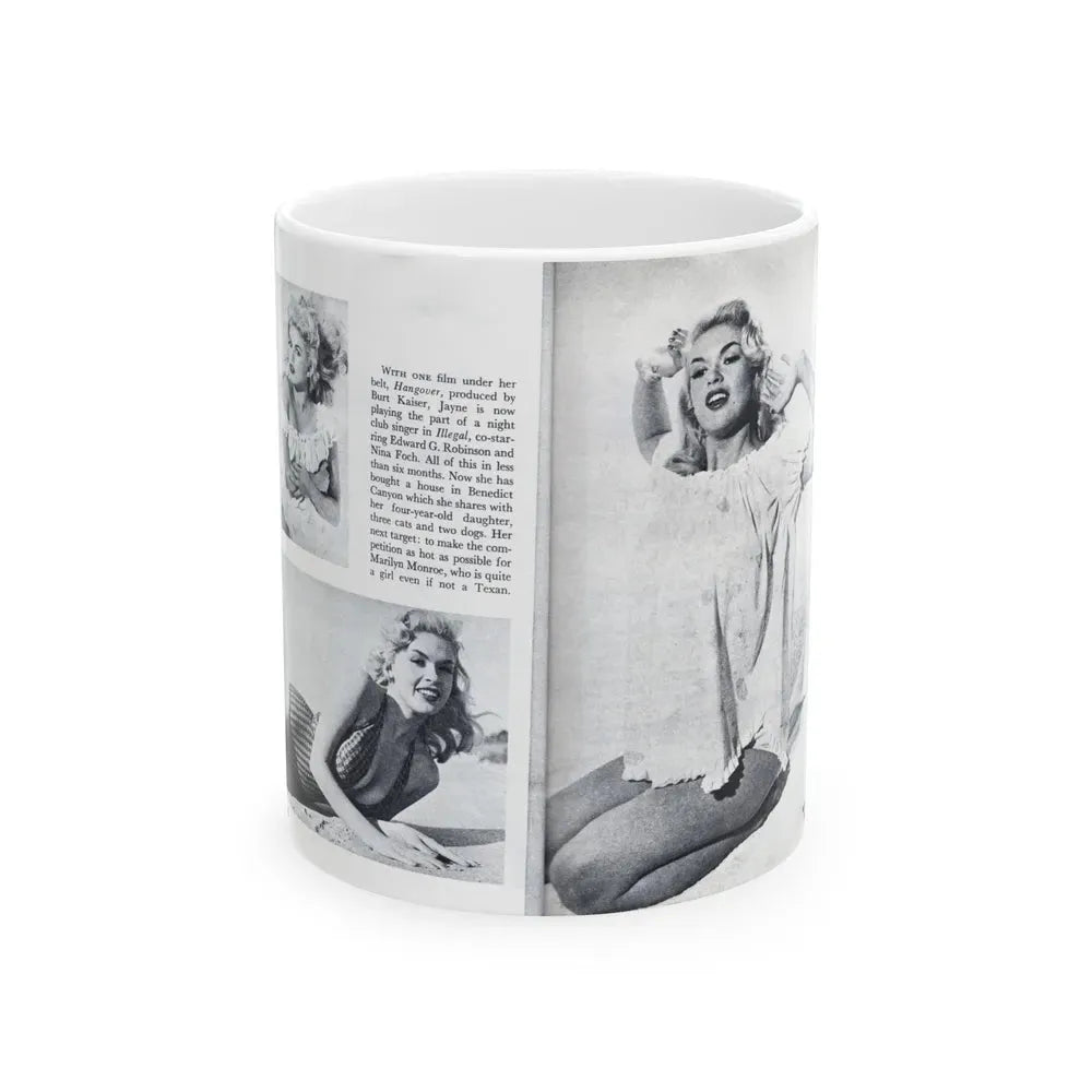 Jayne Mansfield #318 - Pages 43 & 44 Pages 5 & 6 of 6 featuring, Jayne+3 B&W Photos & Caption from Pageant Digest Mag. June '55 (Vintage Female Icon) White Coffee Mug 11oz - Go Mug Yourself