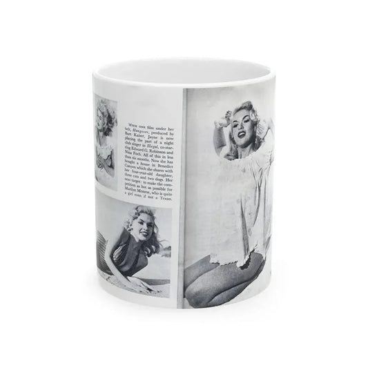 Jayne Mansfield #318 - Pages 43 & 44 Pages 5 & 6 of 6 featuring, Jayne+3 B&W Photos & Caption from Pageant Digest Mag. June '55 (Vintage Female Icon) White Coffee Mug 11oz - Go Mug Yourself