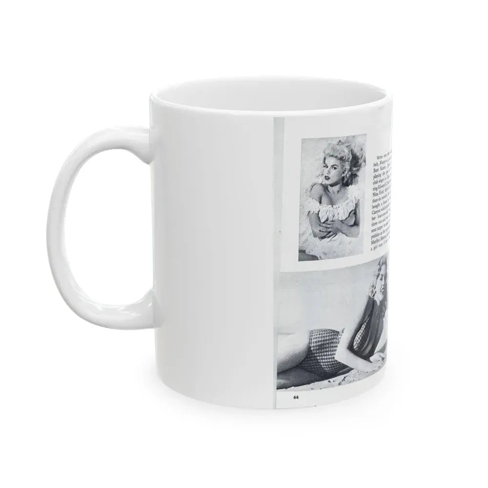 Jayne Mansfield #318 - Pages 43 & 44 Pages 5 & 6 of 6 featuring, Jayne+3 B&W Photos & Caption from Pageant Digest Mag. June '55 (Vintage Female Icon) White Coffee Mug - Go Mug Yourself