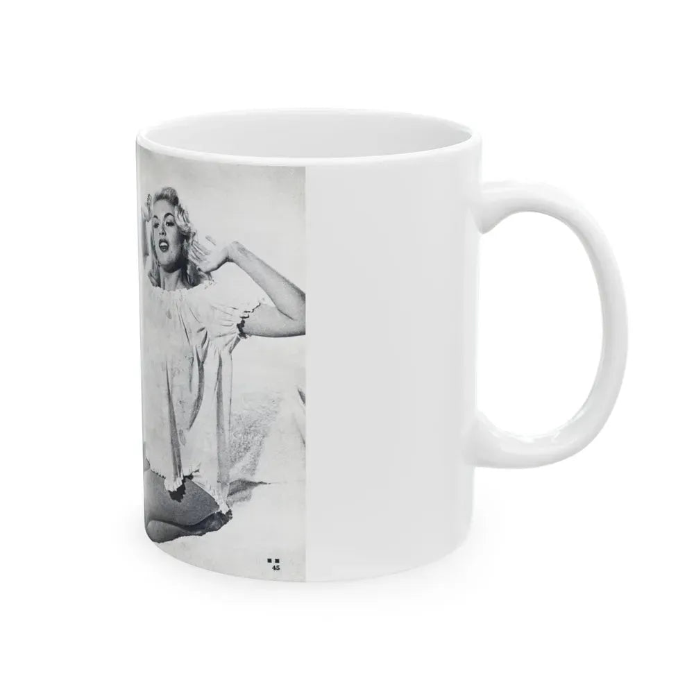 Jayne Mansfield #318 - Pages 43 & 44 Pages 5 & 6 of 6 featuring, Jayne+3 B&W Photos & Caption from Pageant Digest Mag. June '55 (Vintage Female Icon) White Coffee Mug - Go Mug Yourself