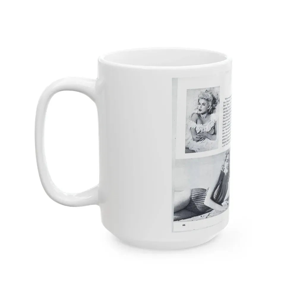 Jayne Mansfield #318 - Pages 43 & 44 Pages 5 & 6 of 6 featuring, Jayne+3 B&W Photos & Caption from Pageant Digest Mag. June '55 (Vintage Female Icon) White Coffee Mug - Go Mug Yourself