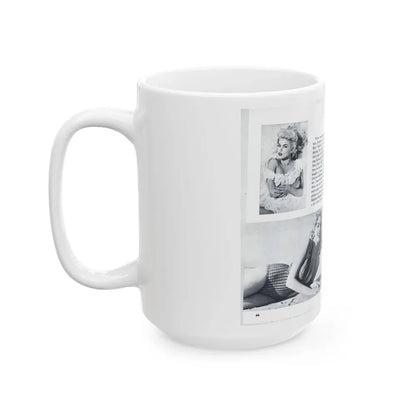 Jayne Mansfield #318 - Pages 43 & 44 Pages 5 & 6 of 6 featuring, Jayne+3 B&W Photos & Caption from Pageant Digest Mag. June '55 (Vintage Female Icon) White Coffee Mug - Go Mug Yourself