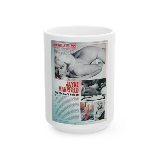 Jayne Mansfield #319 - 1 Page of Jayne with, 4 Pics 3 B&W+1 Color Topless and semi nude & brief article from Celebrity Skin Magazine July '98 (Vintage Female Icon) White Coffee Mug 15oz - Go Mug Yourself