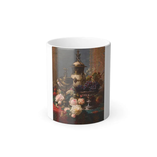Jean-Baptiste Robie (1821-1910) A Still Life with Roses, Grapes, and a Silver Inlaid Nautilus Shell - Oi-0 - Color Changing Mug 11oz 11oz - Go Mug Yourself