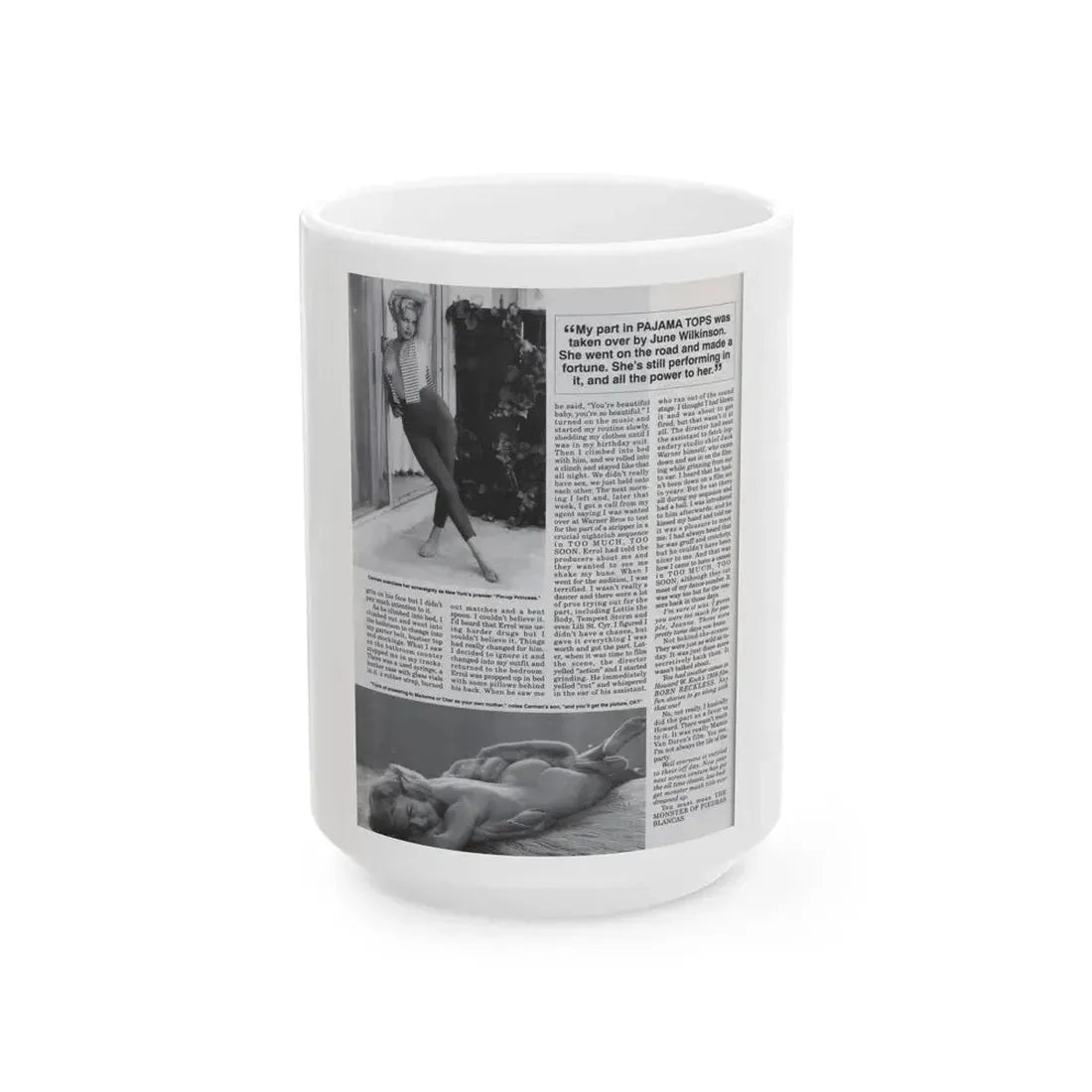 Jeanne Carmen #127 - Pages 13 of 14 with, 2 B&W Photos as a blonde & Article from Femme Fatales Mag. Oct. '95 (Vintage Female Icon) White Coffee Mug 15oz - Go Mug Yourself