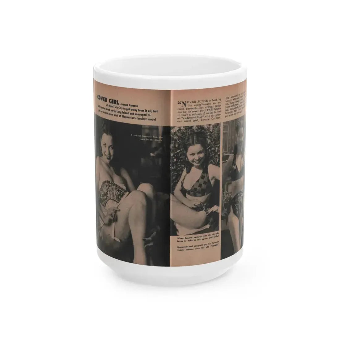 Jeanne Carmen #131 - Pages 1 & 2 of 2 with, 3 B&W Photos from TAB Digest Mag. Sept. '54 (Vintage Female Icon) White Coffee Mug - Go Mug Yourself