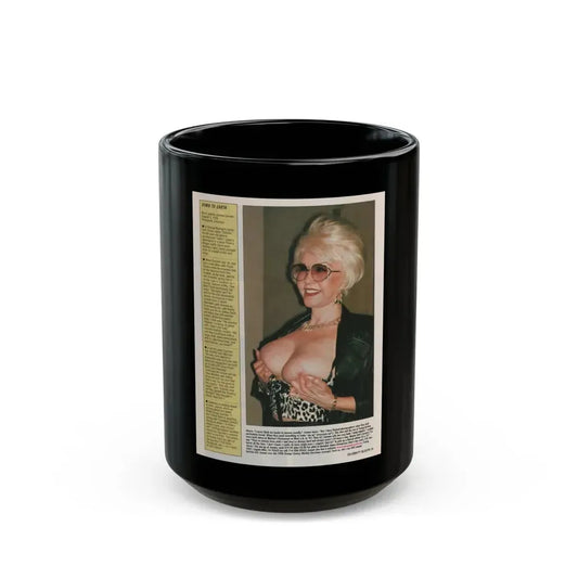 Jeanne Carmen #154 - Celebrity Sleuth Magazine Article & 1 Topless Color Photo on Page 15 (Vintage Female Icon) Black Coffee Mug 15oz - Go Mug Yourself