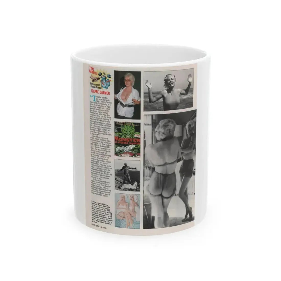Jeanne Carmen #155 - Celebrity Sleuth Magazine Page Article, 4 Photos, 1 Art & Poster on Page 12 (Vintage Female Icon) White Coffee Mug 11oz - Go Mug Yourself