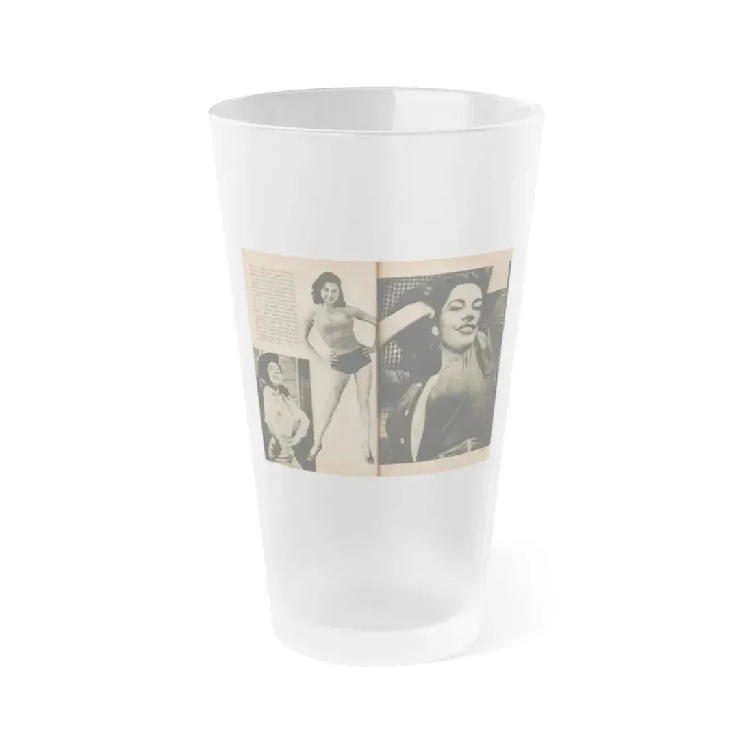 Jeanne Carmen #188 - Pages 70 & 71 Pages 3 & 4 of 7+3 B&W Photos & short article from PHOTO Digest Mag. Aug. '54 (Vintage Female Icon) Frosted Pint Glass 16oz 16oz Frosted - Go Mug Yourself