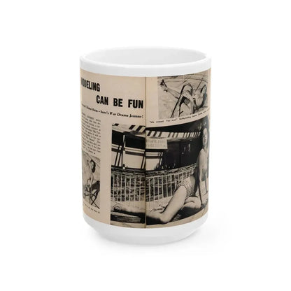 Jeanne Carmen #196 - Pages 84 & 85 Pages 1 & 2 of 2+3 B&W Photos, Caption & Article from Photo-rama Digest July '58 (Vintage Female Icon) White Coffee Mug 15oz - Go Mug Yourself