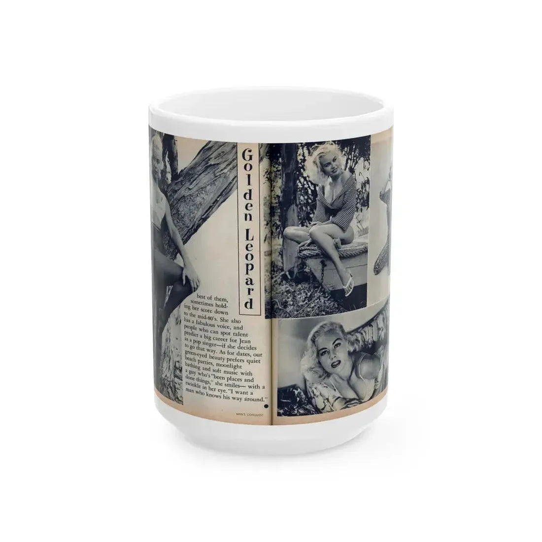 Jeanne Carmen #216 - Pages 42 & 43 Pages 5 & 6 of 6+4 B&W Photos & start of article from Man's Conquest Mag. October '60 (Vintage Female Icon) White Coffee Mug 15oz - Go Mug Yourself