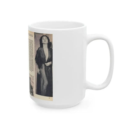 Jeanne Carmen #218 - Pages 64-65 Pages 1 & 2 of 4+3 B&W Photos, Captions & Article from VUE Digest Mag. Jan. '55 (Vintage Female Icon) White Coffee Mug - Go Mug Yourself