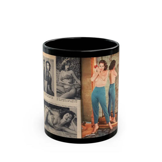 Jeanne Carmen #219 - Pages 66-67 Pages 3 & 4 of 4+3 B&W Photos+1 Full Page in Color+Captions from VUE Digest Mag. Jan. '55 (Vintage Female Icon) Black Coffee Mug 11oz - Go Mug Yourself