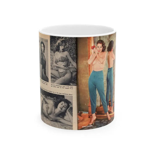 Jeanne Carmen #219 - Pages 66-67 Pages 3 & 4 of 4+3 B&W Photos+1 Full Page in Color+Captions from VUE Digest Mag. Jan. '55 (Vintage Female Icon) White Coffee Mug 11oz - Go Mug Yourself