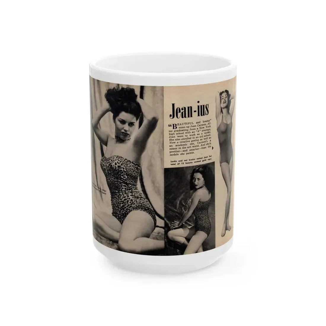 Jeanne Carmen #326 - Page 130 & 131 Pages 1 & 2 of 3 with 2 B&W Pin-Up Pics from TAB Digest Mag. Jan. '54 (Vintage Female Icon) White Coffee Mug 15oz - Go Mug Yourself
