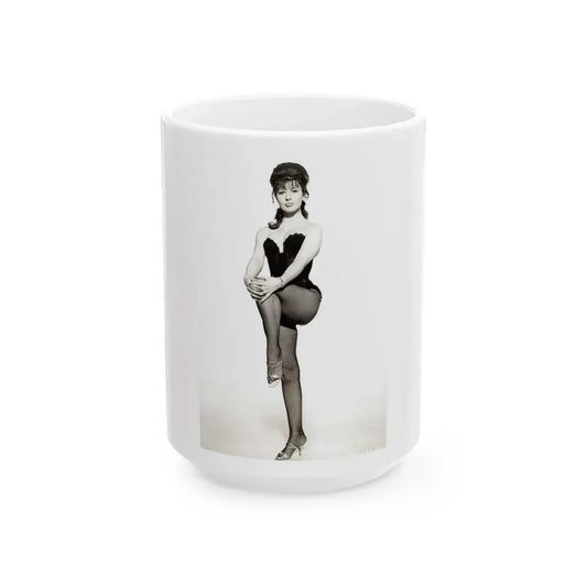 Jennifer Jayne #01 - B&W 7x9 Full Body Lingerie & Fishnet Stockings & open heels Photo (Vintage Female Icon) White Coffee Mug 15oz - Go Mug Yourself