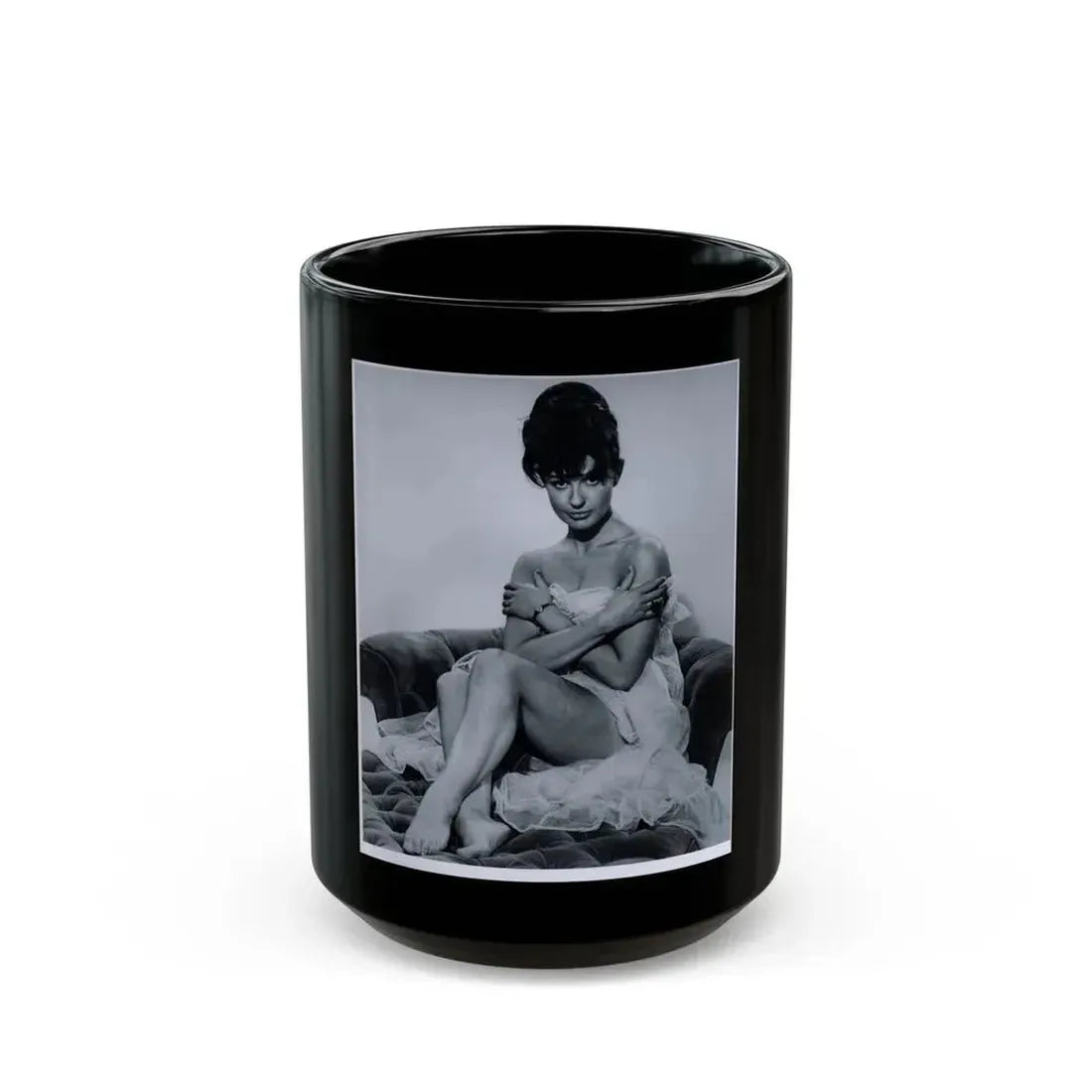 Jennifer Jayne #02 - B&W Full Body Linergie Barefoot Glamour Photo (Vintage Female Icon) Black Coffee Mug 15oz - Go Mug Yourself