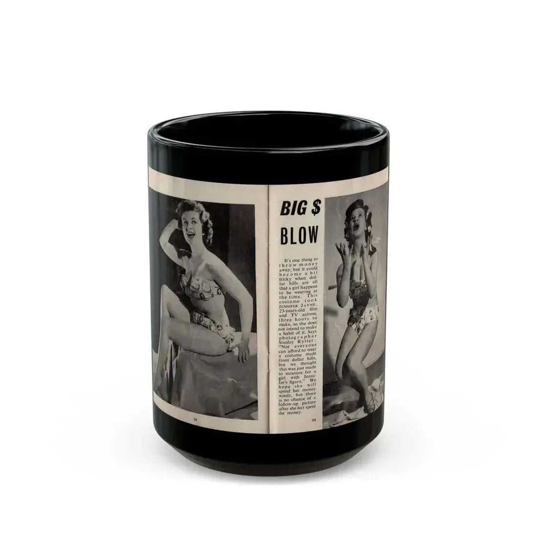 Jennifer Jayne #14 - Pages 32 & 33 Pages 1 & 2 of 2 with, Jen 2 Full Body B&W Pin-Ups+Brief Article from SPOT ON April '54 Pocket Magazine (Vintage Female Icon) Black Coffee Mug 15oz - Go Mug Yourself