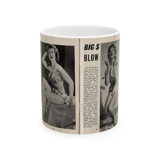 Jennifer Jayne #14 - Pages 32 & 33 Pages 1 & 2 of 2 with, Jen 2 Full Body B&W Pin-Ups+Brief Article from SPOT ON April '54 Pocket Magazine (Vintage Female Icon) White Coffee Mug 11oz - Go Mug Yourself