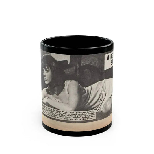 Jennifer Jayne #15 - 7x4 B&W Sexy Photo on Bed from U.K. News Paper Clipping (Vintage Female Icon) Black Coffee Mug 11oz - Go Mug Yourself