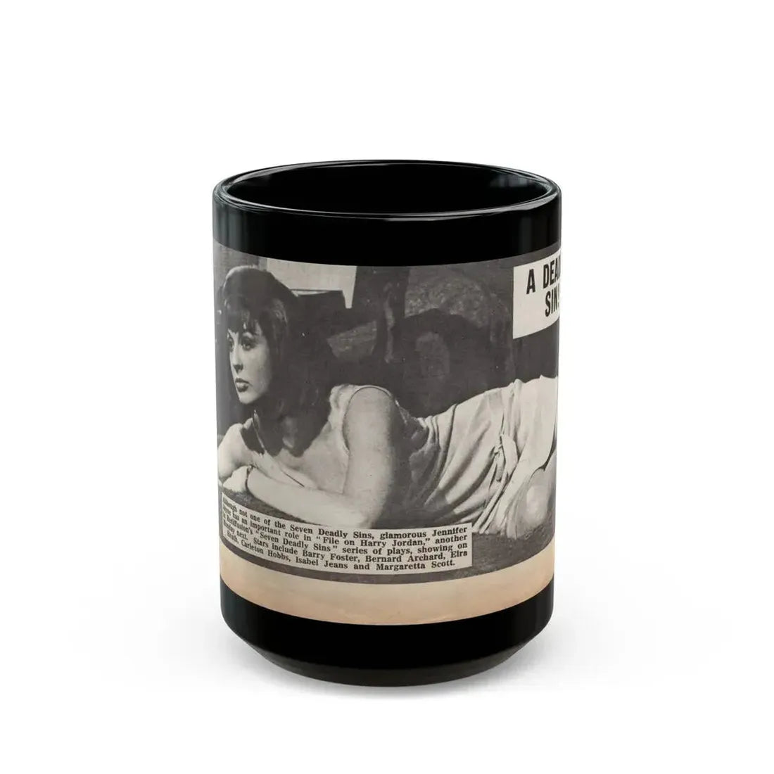 Jennifer Jayne #15 - 7x4 B&W Sexy Photo on Bed from U.K. News Paper Clipping (Vintage Female Icon) Black Coffee Mug 15oz - Go Mug Yourself