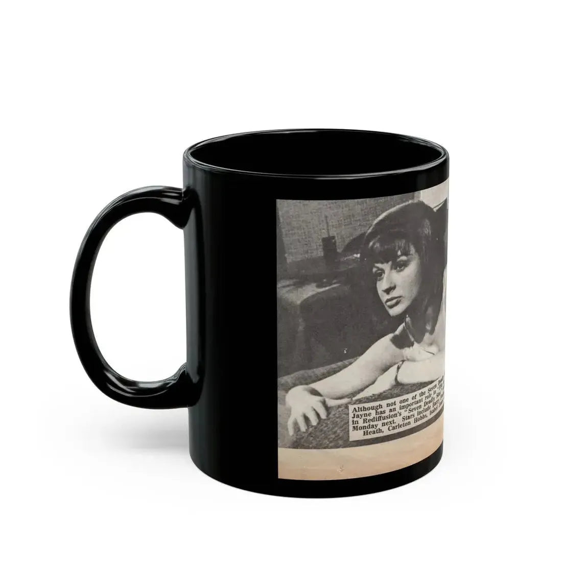 Jennifer Jayne #15 - 7x4 B&W Sexy Photo on Bed from U.K. News Paper Clipping (Vintage Female Icon) Black Coffee Mug - Go Mug Yourself