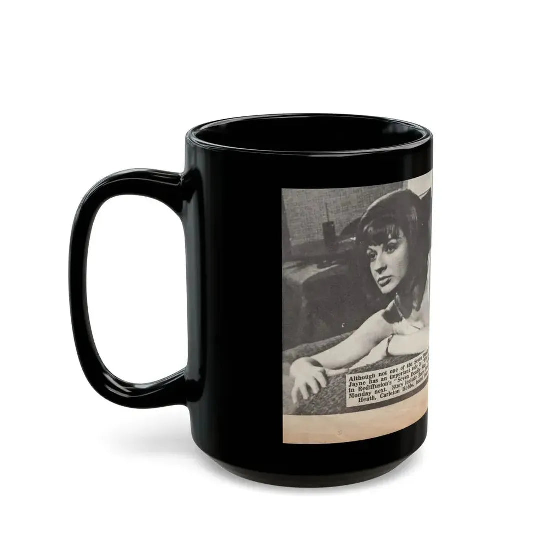 Jennifer Jayne #15 - 7x4 B&W Sexy Photo on Bed from U.K. News Paper Clipping (Vintage Female Icon) Black Coffee Mug - Go Mug Yourself