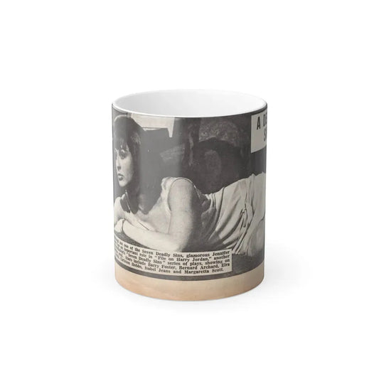 Jennifer Jayne #15 - 7x4 B&W Sexy Photo on Bed from U.K. News Paper Clipping (Vintage Female Icon) Color Changing Coffee Mug 11oz - Go Mug Yourself