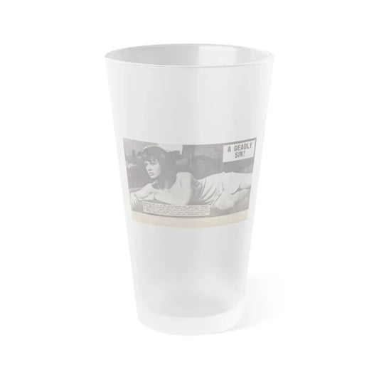 Jennifer Jayne #15 - 7x4 B&W Sexy Photo on Bed from U.K. News Paper Clipping (Vintage Female Icon) Frosted Pint Glass 16oz 16oz Frosted - Go Mug Yourself