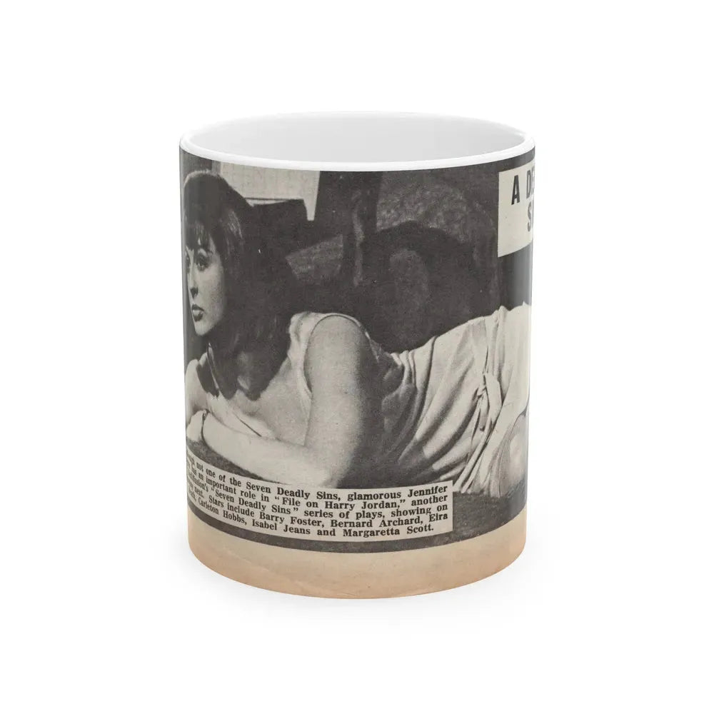 Jennifer Jayne #15 - 7x4 B&W Sexy Photo on Bed from U.K. News Paper Clipping (Vintage Female Icon) White Coffee Mug 11oz - Go Mug Yourself