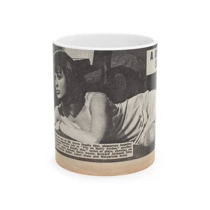 Jennifer Jayne #15 - 7x4 B&W Sexy Photo on Bed from U.K. News Paper Clipping (Vintage Female Icon) White Coffee Mug 11oz - Go Mug Yourself