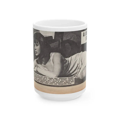 Jennifer Jayne #15 - 7x4 B&W Sexy Photo on Bed from U.K. News Paper Clipping (Vintage Female Icon) White Coffee Mug 15oz - Go Mug Yourself