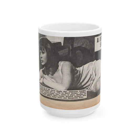 Jennifer Jayne #15 - 7x4 B&W Sexy Photo on Bed from U.K. News Paper Clipping (Vintage Female Icon) White Coffee Mug 15oz - Go Mug Yourself