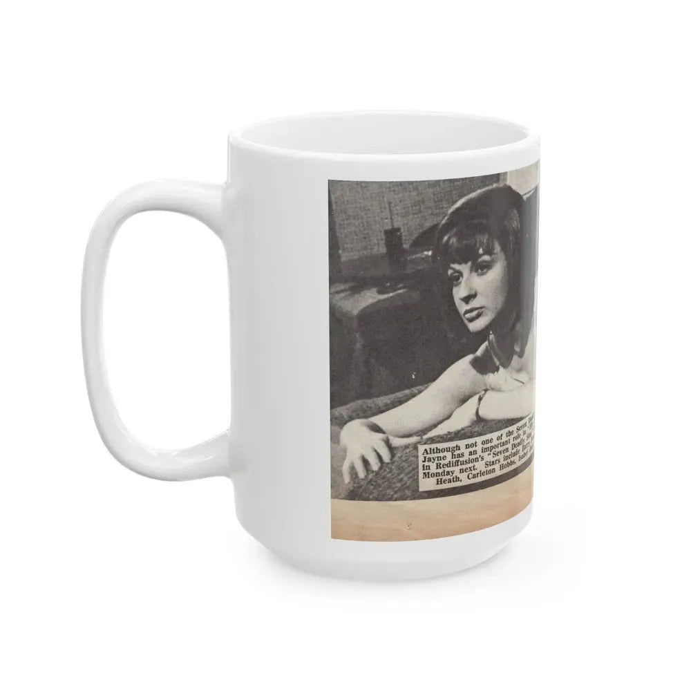 Jennifer Jayne #15 - 7x4 B&W Sexy Photo on Bed from U.K. News Paper Clipping (Vintage Female Icon) White Coffee Mug - Go Mug Yourself