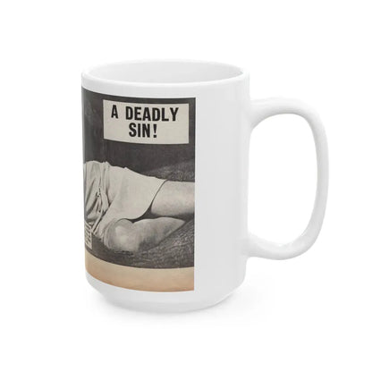 Jennifer Jayne #15 - 7x4 B&W Sexy Photo on Bed from U.K. News Paper Clipping (Vintage Female Icon) White Coffee Mug - Go Mug Yourself